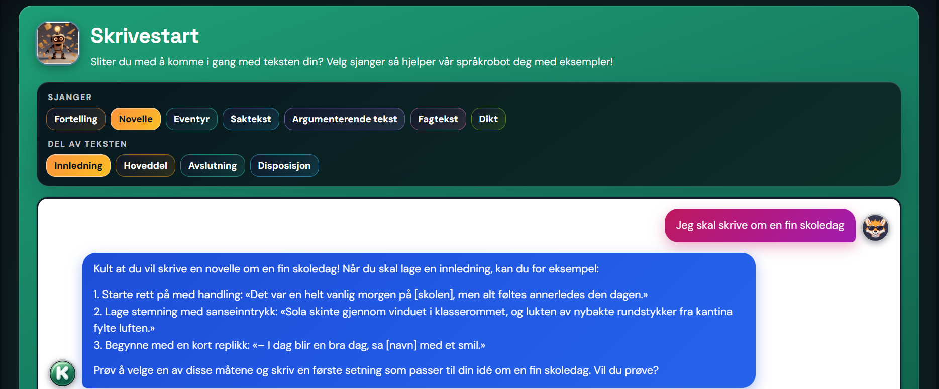 Skrivestart-roboten gir tre måter å åpne en novelle på