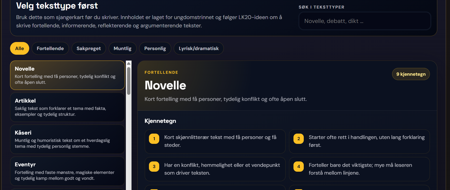 Sjangerkart med kjennetegn for teksttypen novelle